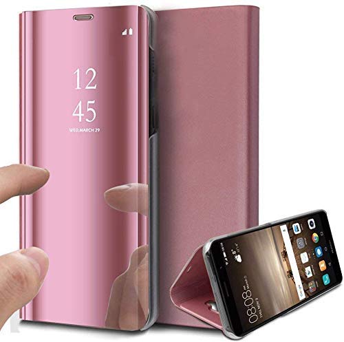 Oihxse Espejo Funda Compatible con Xiaomi Redmi Note 7 Pro/Note 7 Carcasa Ultra Slim Mirror Flip Translúcido View Tipo Libro Tapa Standing 360°Protectora PC + PU Cover Anti-Scratch Caso(Oro Rosa)