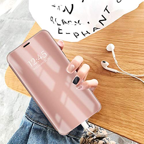 Oihxse Espejo Funda Compatible con Xiaomi Redmi Note 7 Pro/Note 7 Carcasa Ultra Slim Mirror Flip Translúcido View Tipo Libro Tapa Standing 360°Protectora PC + PU Cover Anti-Scratch Caso(Oro Rosa)