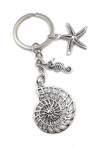 Onwomania Llavero Caracol Estrella de mar Caballo de mar Playa Plata Metal Colgante Encanto