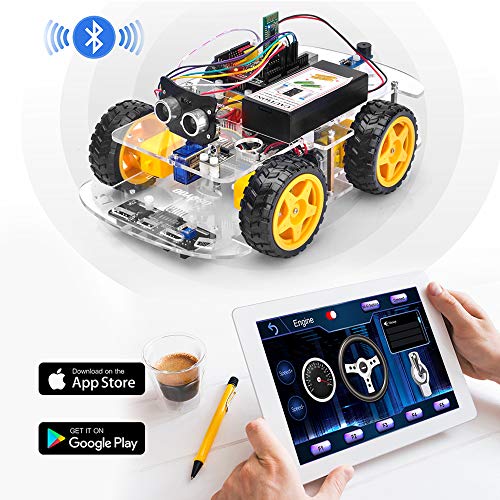 OSOYOO V2.1 Smart Robot Car Kit for Arduino – Controller Board Line Tracking, Ultrasonic Sensor, Bluetooth, Motor Shield, IR Remote Control, Mobile App – Battery and Charger Included