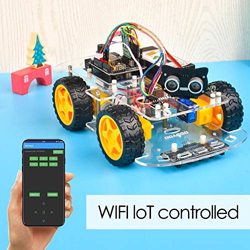 OSOYOO V2.1 Smart Robot Car Kit for Arduino – Controller Board Line Tracking, Ultrasonic Sensor, Bluetooth, Motor Shield, IR Remote Control, Mobile App – Battery and Charger Included