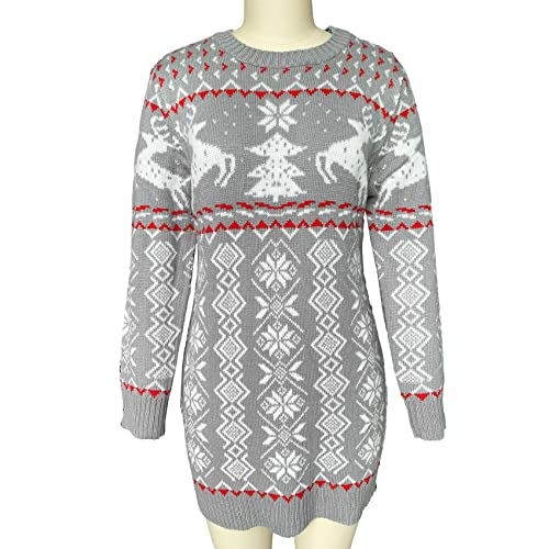 OtoñO E Invierno Moda Casual Mujer Cuello Redondo Tema NavideñO Jacquard De Punto De Manga Larga Vestido Corto SuéTer Delgado Falda Mujer