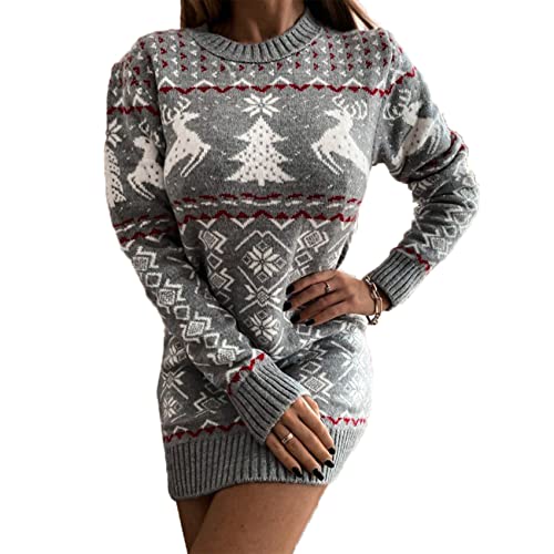 OtoñO E Invierno Moda Casual Mujer Cuello Redondo Tema NavideñO Jacquard De Punto De Manga Larga Vestido Corto SuéTer Delgado Falda Mujer