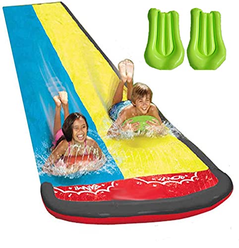 Ousyaah Tobogán de Agua, 4.8 x 1.4M Resbaladilla de Agua Doble Inflable Gigantes con 2 Tablas de Bodyboard para Niños Adultos Diversión al Aire Libre Juego Acuático