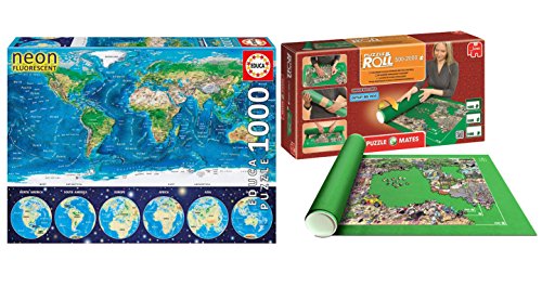 Outletdelocio Pack Puzzle Educa 16760. Mapamundi Fisico en Neon (Brilla en la Oscuridad). 1000 Piezas + Tapete Universal Puzzle Roll 2000 Piezas. 64444/64239