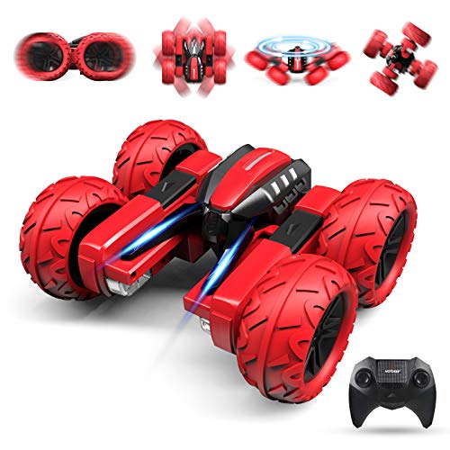 OUTTUO Stunt Coche Teledirigido Anfibio 2.4GHz Stunt RC Juguetes Control Remoto de Rotación Volteo de 360° Coche para con Luces LED Regalo con Destornillador Coche Teledirigido Recargable-Rosso