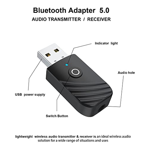 P Prettyia Adaptador USB Bluetooth 5.0 3 en 1, Receptor / Transmisor USB Bluetooth, Adaptador de Audio para El Hogar, Coche, Laptop, Bluetooth Dongle, Entrada Au