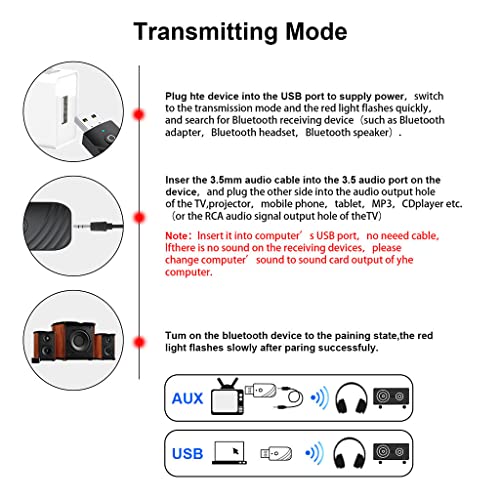 P Prettyia Adaptador USB Bluetooth 5.0 3 en 1, Receptor / Transmisor USB Bluetooth, Adaptador de Audio para El Hogar, Coche, Laptop, Bluetooth Dongle, Entrada Au