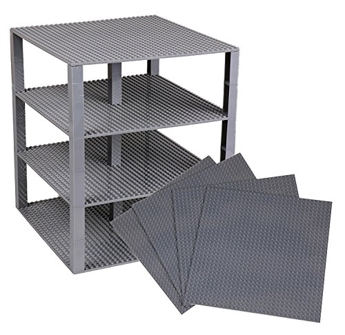 Pack de 4 Bases apilables con Ladrillos separadores 2 x 2 - Construcción en Forma de Torre - Compatible con Todas Las Marcas - 25,4 x 25,4 cm - Gris