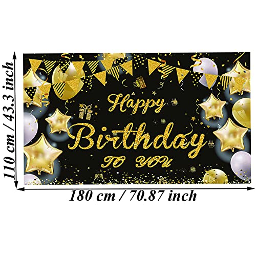 Pancarta Feliz Cumpleaños, Decoración de Fiesta de Cumpleaños de Oro Negro, Banner de Fondo de Cumpleaños, 180 x 110 cm Poliéster Telón de Fondo de Feliz Cumpleaños para Hombres, Mujeres, Fiesta