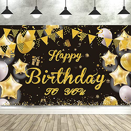 Pancarta Feliz Cumpleaños, Decoración de Fiesta de Cumpleaños de Oro Negro, Banner de Fondo de Cumpleaños, 180 x 110 cm Poliéster Telón de Fondo de Feliz Cumpleaños para Hombres, Mujeres, Fiesta