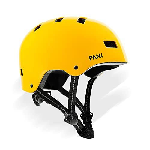 PANK Casco de Bici para niños de 6-12 años. Homologado CE. Casco de Patinete, Casco de Skate. Máxima protección, Ajustable, Ligero y cómodo (Amarillo)