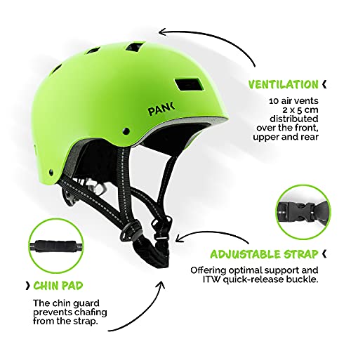 PANK Casco de Bici para niños de 6-12 años. Homologado CE. Casco de Patinete, Casco de Skate. Máxima protección, Ajustable, Ligero y cómodo (Verde)