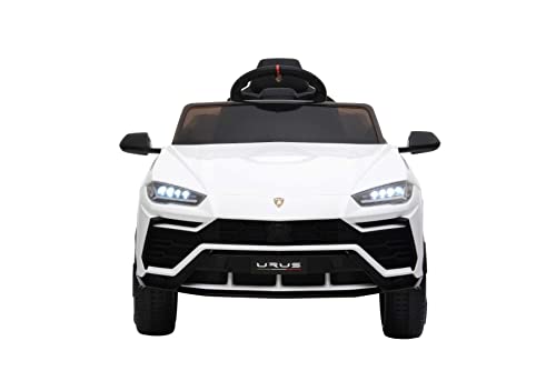 Paseo eléctrico en automóvil URUS, blanco, con licencia original, alimentado por batería, puertas de apertura vertical, 2x motor, batería de 12 V, control remoto de 2.4 Ghz, ruedas suaves de EVA