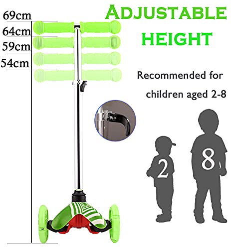 Patinete Niño Niña, Patinete de 3 Ruedas Scooter para Niños de 2 a 8 años, Patinete Niño 3 Ruedas con LED Intermitentes, 4 Alturas Ajustables, Carga máxima de 50 kg (A Verde)