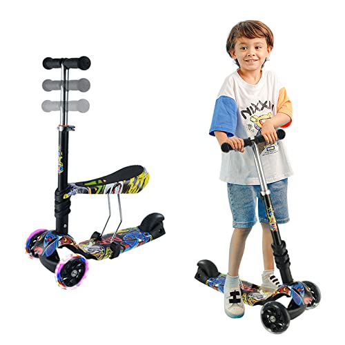 Patinete para Niños 2 en 1, Andador de 3 Ruedas con Asiento y Respaldo Extraíbles, Altura Ajustable, Ruedas Iluminadas para Niñas y Niños Pequeños de 2 años o Mayores