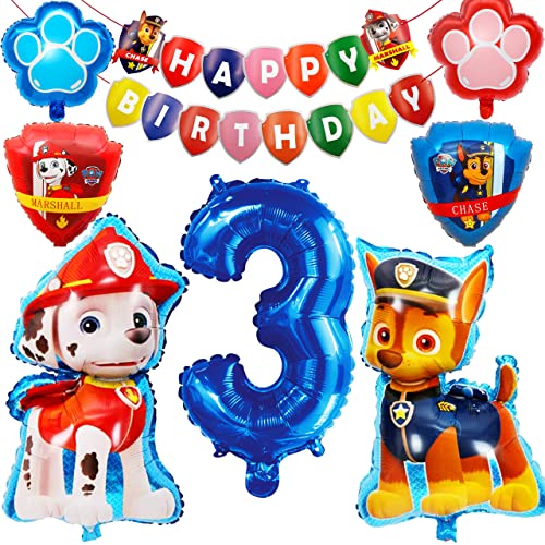 Paw Dog Patrol Balloons, Globos de Patrulla Canina, Globos De Dibujos Animados, Número 3 Azul, Juego de Decoración de Cumpleaños, Suministros para Fiestas Infantiles, 8 Piezas