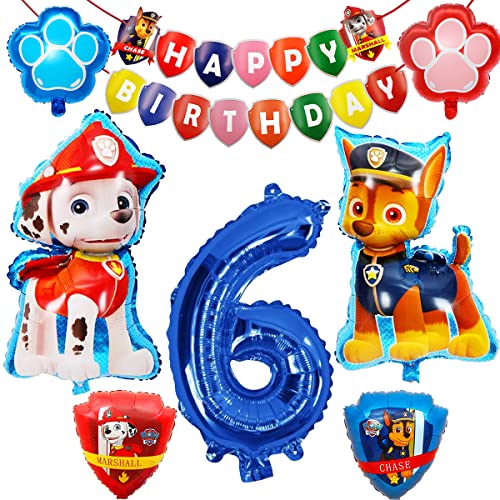 Paw Dog Patrol Balloons, Globos de Patrulla Canina, Globos De Dibujos Animados, Número 6 Azul, Juego de Decoración de Cumpleaños, Suministros para Fiestas Infantiles, 8 Piezas