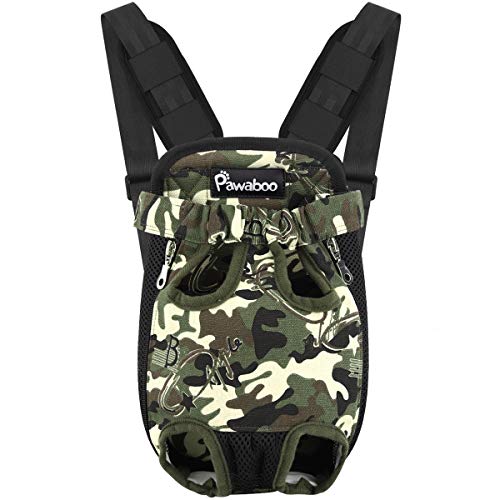 Pawaboo Mochila del Perro Adjustable Bolsa Delantera para Macotas, Bolsa con Diseño de Piernas Afuera, Fácil de Ajustar para Viajar/Senderismo/Camping, Talla S - Camuflaje