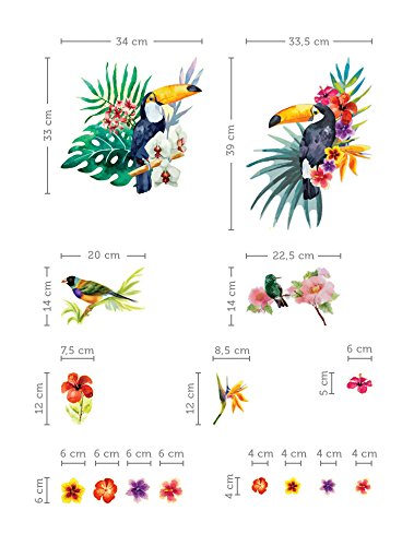 Pegatinas de Pared Tropical Aves Acuarela Flores Decoración para Sala de Estar Dormitorio