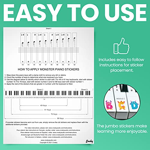 Pegatinas Monster Piano de Crosby para aprender a tocar el piano o el teclado: juego de 88, 76, 61 y 49 teclas extraíbles transparentes