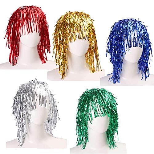 Pelucas Metal Brillante para Set de Pelucas Brillante Brillante Pelucas Mujeres Adecuado para Halloween Navideña y Despedida de Soltero Cosplay 6 pcs - (Oro, Blanco, Verde, Púrpura, Rojo y Azul)