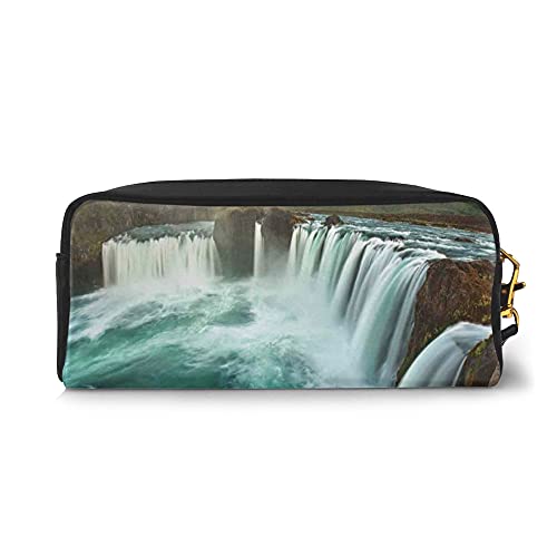 Pencil Case Big Capacity Makeup Bags,Majestic Iceland Waterfall Flowing Down The River Northern Magical Nature Photo,PU Leather Lightweight Waterproof Cosmetic Bags Pouch