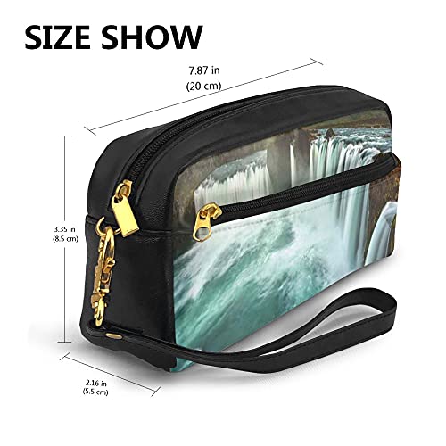 Pencil Case Big Capacity Makeup Bags,Majestic Iceland Waterfall Flowing Down The River Northern Magical Nature Photo,PU Leather Lightweight Waterproof Cosmetic Bags Pouch