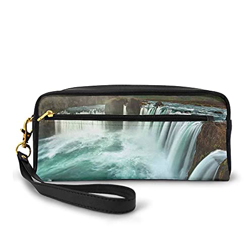 Pencil Case Big Capacity Makeup Bags,Majestic Iceland Waterfall Flowing Down The River Northern Magical Nature Photo,PU Leather Lightweight Waterproof Cosmetic Bags Pouch