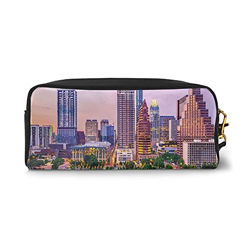 Pencil Case Big Capacity Makeup Bags,Pattern Of A Downtown Urban Image With High Buildings Bridge And The River,PU Leather Lightweight Waterproof Cosmetic Bags Pouch