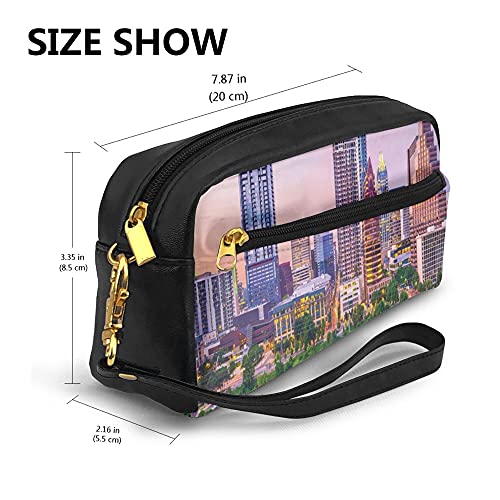 Pencil Case Big Capacity Makeup Bags,Pattern Of A Downtown Urban Image With High Buildings Bridge And The River,PU Leather Lightweight Waterproof Cosmetic Bags Pouch