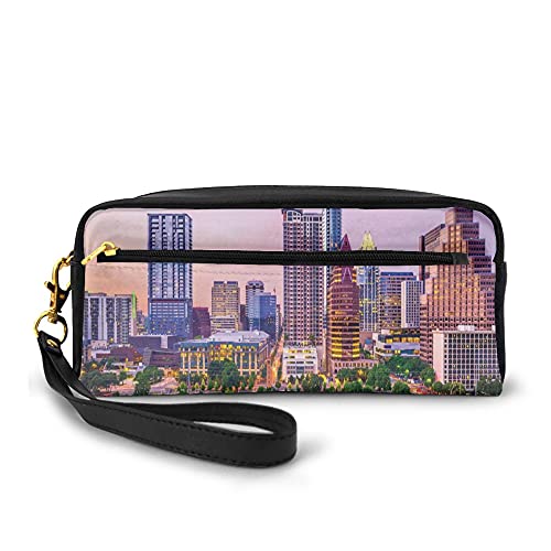 Pencil Case Big Capacity Makeup Bags,Pattern Of A Downtown Urban Image With High Buildings Bridge And The River,PU Leather Lightweight Waterproof Cosmetic Bags Pouch