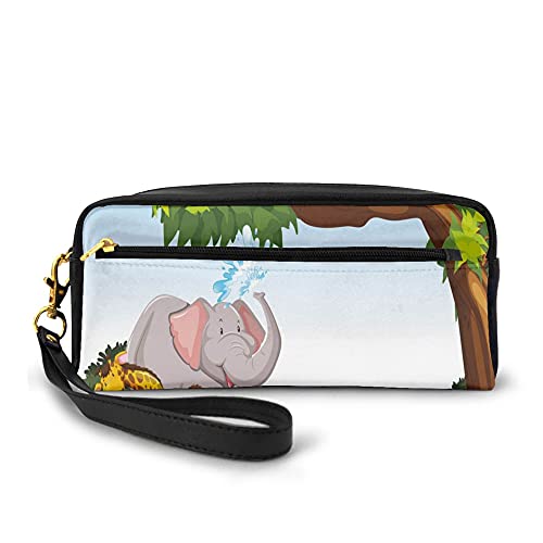 Pencil Case Pen Storage Bag Zippered Pouch,Various Cartoon Style Animals Together By River Bank Tree Bird Cute Funny Wildlife,Office Organizer for Boys Girls Adults