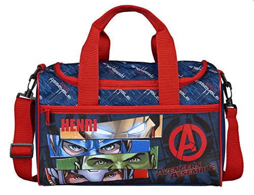 Pequeña bolsa de deporte para niños, incluye nombre | Diseño de Los Vengadores en azul oscuro y rojo | Impreso y personalizado | Bolsa de viaje para niños para colgar