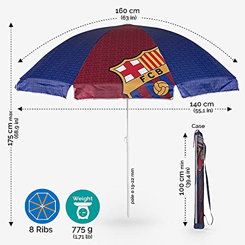 PERLETTI 15197 - Sombrilla Antiviento FC Barcelona rojo y azul, Diámetro 140 cm, Protección contra los rayos UV SPF 50+