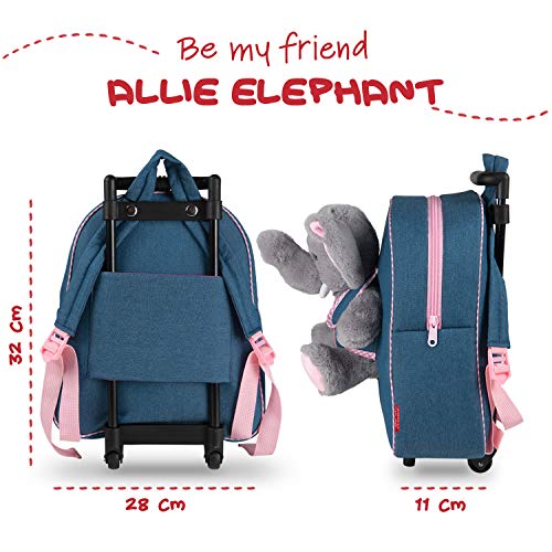 PERLETTI Mochila Trolley Infantil con Elefantito de Peluche - Bolsa con Ruedas y Muñeco Niños Niñas 3 4 5 Años - Pequeño Bolso Escolar para Escuela Guardería Viaje - 29x33x11 cm (Elefante)