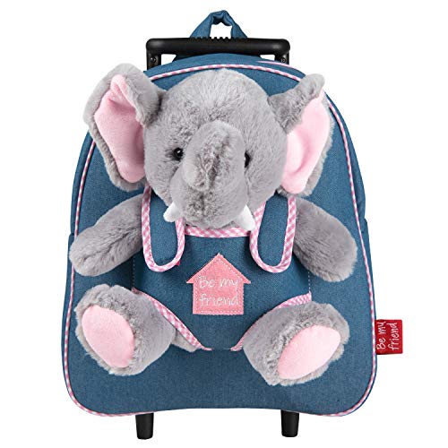 PERLETTI Mochila Trolley Infantil con Elefantito de Peluche - Bolsa con Ruedas y Muñeco Niños Niñas 3 4 5 Años - Pequeño Bolso Escolar para Escuela Guardería Viaje - 29x33x11 cm (Elefante)