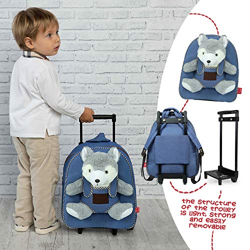 PERLETTI Mochila Trolley Infantil con Husky de Peluche - Bolsa con Ruedas y Muñeco Perrito Niños Niñas 3 4 5 Años - Pequeño Bolso Escolar Perro Escuela Guardería Viaje - 29x33x11 cm (Husky)