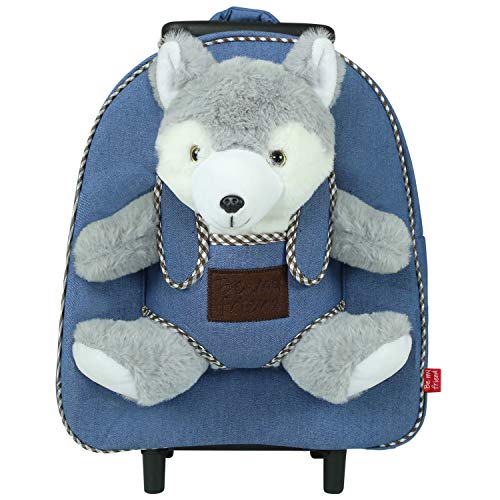 PERLETTI Mochila Trolley Infantil con Husky de Peluche - Bolsa con Ruedas y Muñeco Perrito Niños Niñas 3 4 5 Años - Pequeño Bolso Escolar Perro Escuela Guardería Viaje - 29x33x11 cm (Husky)