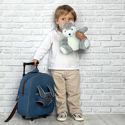 PERLETTI Mochila Trolley Infantil con Husky de Peluche - Bolsa con Ruedas y Muñeco Perrito Niños Niñas 3 4 5 Años - Pequeño Bolso Escolar Perro Escuela Guardería Viaje - 29x33x11 cm (Husky)