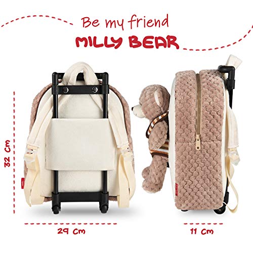 PERLETTI Mochila Trolley Infantil con Oso de Peluche - Bolsa con Ruedas y Muñeco Osito para Niños Niñas 3 4 5 Años - Bolso Escolar para Escuela Guardería Viaje - 29x33x11 cm (Cachorro de Oso)