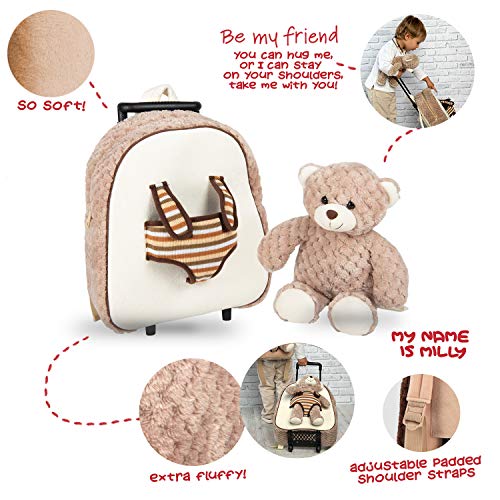 PERLETTI Mochila Trolley Infantil con Oso de Peluche - Bolsa con Ruedas y Muñeco Osito para Niños Niñas 3 4 5 Años - Bolso Escolar para Escuela Guardería Viaje - 29x33x11 cm (Cachorro de Oso)