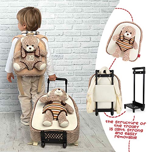 PERLETTI Mochila Trolley Infantil con Oso de Peluche - Bolsa con Ruedas y Muñeco Osito para Niños Niñas 3 4 5 Años - Bolso Escolar para Escuela Guardería Viaje - 29x33x11 cm (Cachorro de Oso)