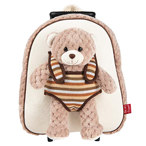 PERLETTI Mochila Trolley Infantil con Oso de Peluche - Bolsa con Ruedas y Muñeco Osito para Niños Niñas 3 4 5 Años - Bolso Escolar para Escuela Guardería Viaje - 29x33x11 cm (Cachorro de Oso)