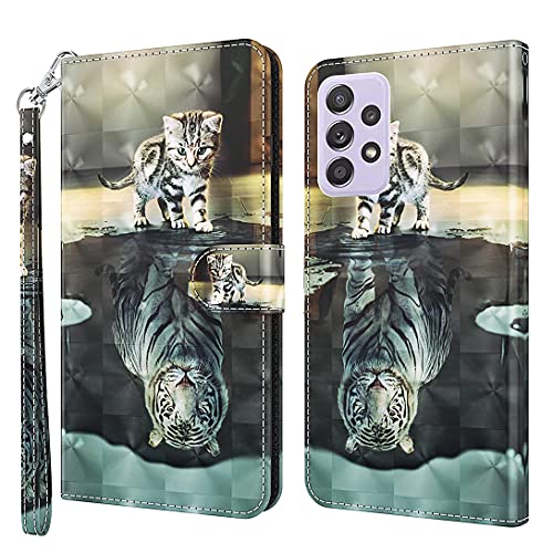 Pheant Compatible con Samsung Galaxy A32 4G Funda Libro - Carcasa con Correa de Mano,Soporte Plegable,Ranuras para Tarjetas,Absorción de Choque - Dibujo 3D Tigre Gato