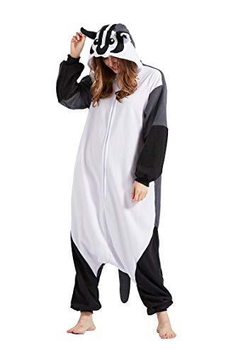 Pijama Animal Entero Unisex para Adultos con Capucha Cosplay Pyjamas Ropa de Dormir Traje de Disfraz para Festival de Carnaval Halloween Navidad American Badger M(156-167CM)