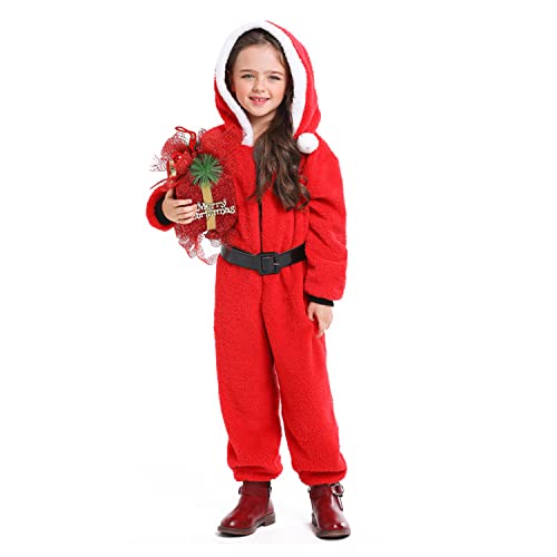 Pijamas de una Pieza de Papá Noel Coral Fleece Onesies para Padres e Hijos Navidad con Capucha Fleece Jumpsuit Fiesta Cosplay Disfraz Adultos Niños Homewear Traje