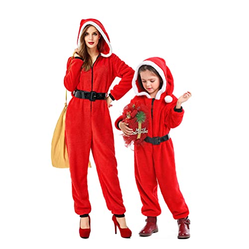 Pijamas de una Pieza de Papá Noel Coral Fleece Onesies para Padres e Hijos Navidad con Capucha Fleece Jumpsuit Fiesta Cosplay Disfraz Adultos Niños Homewear Traje