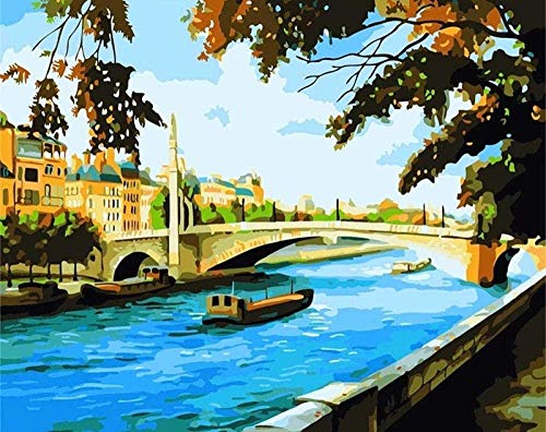 Pintura por números para principiantes y niños en lienzo de lino decoración del hogar pintura al óleo (sin marco) - Small Town River