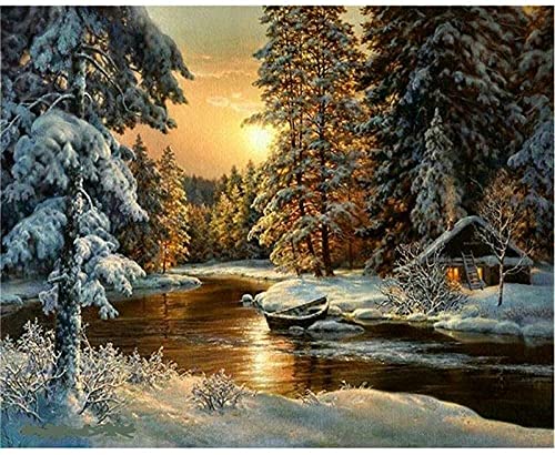 Pintura por números para principiantes y niños en lienzo de lino decoración del hogar pintura al óleo (sin marco) - Sunset ice River View